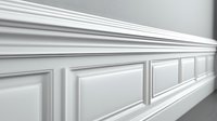 Classic white decorative wall molding and wainscoting detail in luxury interior, architectural trim elements shown in perspective view along wall surface.