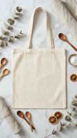 Natural cotton tote bag mockup with eucalyptus branches and wooden spoons on marble background for eco-friendly branding and sustainable shopping designs.