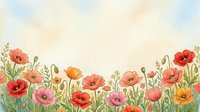 Watercolor poppy flowers border with delicate stems and leaves on soft pastel background for spring garden designs and floral decorative projects.