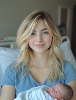 Young Caucasian mother with blonde hair wearing blue t-shirt holds newborn baby wrapped in white blanket, smiling warmly at camera in natural light setting.