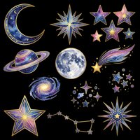 Celestial clipart set with moon, stars, planets, and galaxy elements isolated on transparent background. Great for stickers, t-shirt design, and print on demand.