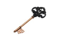 Vintage ornate key with copper shaft and black decorative handle featuring intricate scrollwork pattern isolated on white background for design projects.