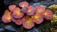 Vibrant pink round leaves with yellow veins growing on dark rocks create magical forest atmosphere. Natural macro photography shows delicate patterns and textures.