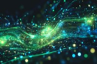 Abstract digital wave of glowing particles in blue and green colors on dark background, representing data flow and technology concept.