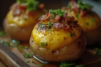Baked potato topped with melted cheese, crispy bacon bits and fresh chopped herbs served on wooden board, close up view of appetizing homemade dish.
