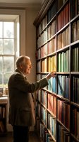 Senior Caucasian man in tweed jacket selecting book from extensive home library with floor-to-ceiling bookshelves near window for reading and research.