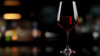 Glass of red wine on dark background with soft bokeh lights, elegant stemware casting reflection on glossy surface, moody restaurant atmosphere.
