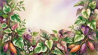 Botanical garden border with climbing vines, purple flowers, and sweet potato plants with tubers, isolated on cream background for design projects.