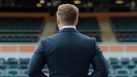 Back view of Caucasian businessman in navy suit standing in empty stadium, looking at seats. Leadership and vision concept for business and sports management.