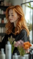 Young woman with flowing ginger hair and closed eyes in black outfit at beauty salon. Soft natural lighting creates peaceful atmosphere with flowers and bottles in background.