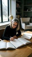 Mature Caucasian woman with glasses writing notes while studying books at wooden desk in modern home office with bookshelf and natural window light.