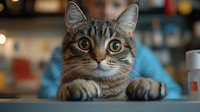 Curious tabby cat with bright yellow eyes peering over edge of table, paws stretched forward in playful pose against blurred bokeh background in cozy home setting.