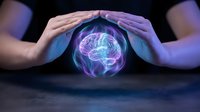 Hands protecting glowing brain hologram with neural networks on dark background. Mental health protection, psychology, neuroscience and cognitive wellness concept.