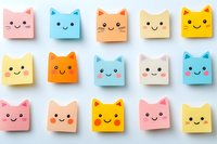 Colorful kawaii cat sticky notes with cute smiling faces arranged in rows on white background, pastel pink, blue, yellow and orange paper notes for planners.