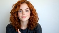 Young woman with natural red curly hair and freckles wearing dark sweater smiling at camera against light background, beauty and fashion portrait.