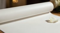 Roll of white parchment paper unrolled on kitchen counter with butter pat, ready for baking and cooking preparation in warm home setting.