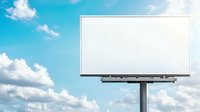 Empty white billboard against bright blue sky with fluffy white clouds, metal pole structure, mockup for outdoor advertising and marketing campaigns.
