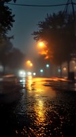 Moody night street scene with glowing street lamps reflecting on wet asphalt during foggy weather, creating atmospheric golden light trails and bokeh effects.