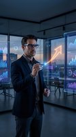 Male businessman wearing glasses and dark blazer analyzing financial data on holographic displays showing upward trending charts and market analytics in modern office environment.