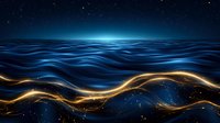 Luminous golden wave flows through dark blue ocean waters under starry night sky, creating magical ethereal atmosphere with glowing light trails.