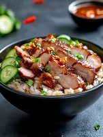 Grilled teriyaki chicken slices served on steamed rice with fresh cucumber and green onions in black bowl, garnished with sesame seeds and sauce.