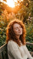 Peaceful young woman with curly red hair enjoying warm sunlight in nature during golden hour, eyes closed in serene moment of mindfulness and relaxation.