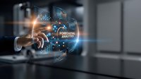 Businessman hand touching digital interface with forecasting analytics charts, graphs and data visualization in modern office environment for business intelligence and predictive analysis.