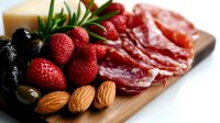 Gourmet charcuterie board with sliced salami, aged cheese, fresh strawberries, black olives, almonds and rosemary on wooden cutting board for entertaining.