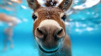 Curious brown horse snout underwater close-up view with bubbles against turquoise blue swimming pool background, showing playful and funny animal expression.