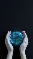 Caucasian hands holding glowing digital globe with circuit board pattern and data streams on dark background, representing technology, innovation, and global connectivity for business and digital transformation concepts.
