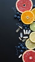Fresh citrus fruits with vitamin supplements and molecular formulas on dark background for health and nutrition concepts.