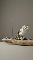 Zen meditation setup with Buddha statue, burning incense, white orchid flowers and smooth stones on driftwood for spa wellness and mindfulness practices.