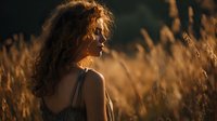 Young woman with long curly hair in golden field at sunset, warm sunlight illuminating her profile as she gazes into distance among tall grass.