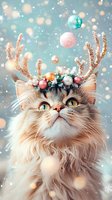Fluffy cat wearing glittery reindeer antlers and Christmas ornaments crown against snowy bokeh background, looking up with bright eyes in festive holiday scene.