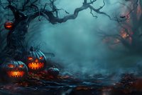 Spooky Halloween scene with glowing jack o'lanterns beneath twisted tree branches in misty dark forest. Perfect atmospheric background for holiday designs and seasonal marketing materials.