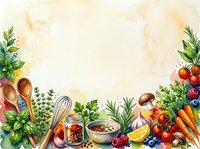 Watercolor cooking frame with fresh vegetables, herbs, kitchen utensils and ingredients arranged on cream background, isolated for recipe design and culinary content.