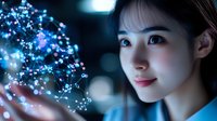 Young Asian woman holding glowing digital network connections in her hands, representing technology, innovation and future connectivity concepts.