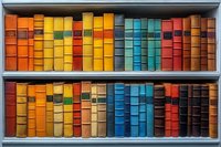 Colorful vintage books arranged by color spectrum on white wooden shelves, creating rainbow pattern. Old hardcover spines display classic library organization.