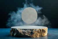Mystical stone podium with floating moon sphere and ethereal smoke against dark background, creating dramatic product display platform for luxury presentation.