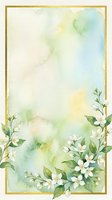 Watercolor floral frame with white flowers and green leaves on soft pastel background for wedding invitations and greeting cards.