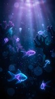 Mystical underwater scene with glowing jellyfish and fish swimming in deep blue purple ocean with magical light rays and floating particles.