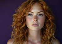 Young woman with natural red curly hair and freckles gazing directly at camera against dark purple background, showcasing natural beauty and confidence.