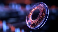 Glowing futuristic ring with blue and pink neon lights floating in dark space, abstract technological portal with luminous energy effects and bokeh background.