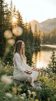 Young woman meditating in lotus pose by mountain lake at golden hour sunrise with evergreen forest and peaceful natural setting for wellness lifestyle.