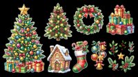 Festive Christmas tree, wreath, gingerbread house, stocking, gifts, and holly decorations isolated on transparent background. Ready for t-shirts, clipart, stickers, print-on-demand, and sublimation designs.