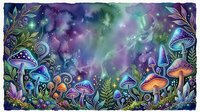 Enchanted forest floor with glowing mushrooms, magical plants, and cosmic aurora lights in purple, green, and blue tones creating a mystical woodland scene.