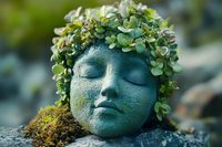 Serene stone face adorned with fresh green succulents and moss, creating peaceful garden art sculpture with natural crown of living plants on textured surface.