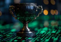 Ornate silver trophy cup on digital circuit background with emerald green lighting and bokeh effects creates futuristic sports achievement concept.