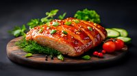 Glazed salmon fillet with herbs and vegetables on wooden board, gourmet seafood dish ready for cooking or serving in restaurant kitchen setting.
