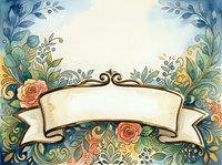 Watercolor floral frame with blank ribbon banner, roses and decorative swirls in soft blue, green and peach tones for greeting cards.